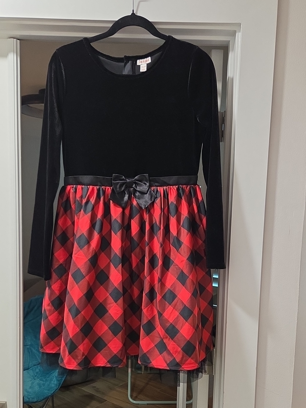 Cat & Jack Black Velvet Top Red Plaid Skirt Holiday Dress